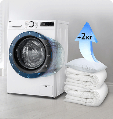 Зображено пральну машину в інтерёєрі квартири та поруч з нею стос із ковдр та подушок і стрілка синього кольору, спрямована догори, на якій написано 