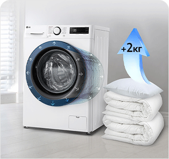 Зображено пральну машину в інтерёєрі квартири та поруч з нею стос із ковдр та подушок і стрілка синього кольору, спрямована догори, на якій написано 