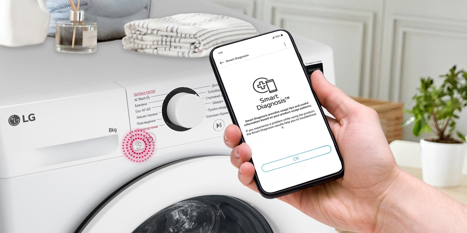 Поруч із пральною машиною розміщено табличку з рейтингом енергоефективності A та графік енергоспоживання. Позаду пральної машини з’являється зелена стрілка вгору.