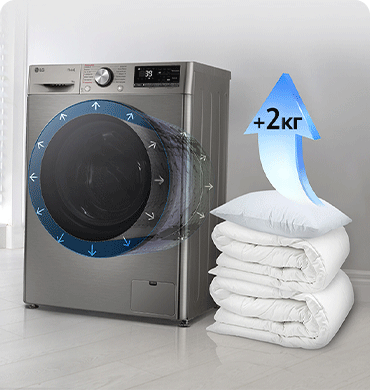 Зображено пральну машину в інтерёєрі квартири та поруч з нею стос із ковдр та подушок і стрілка синього кольору, спрямована догори, на якій написано 