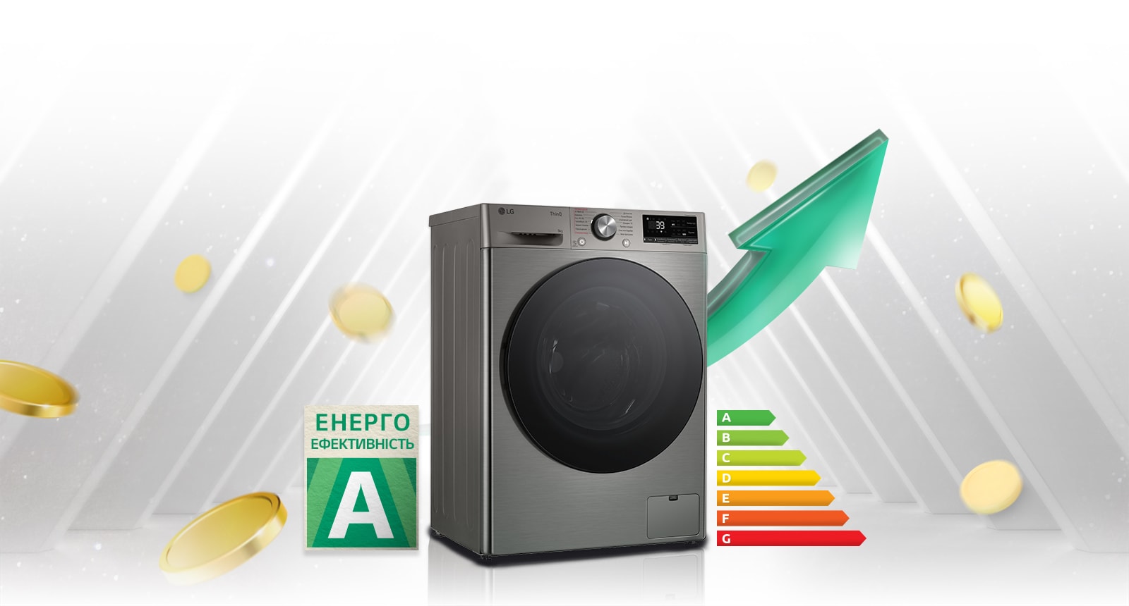 Поруч із пральною машиною розміщено табличку з рейтингом енергоефективності A та графік енергоспоживання. Позаду пральної машини з’являється зелена стрілка вгору.