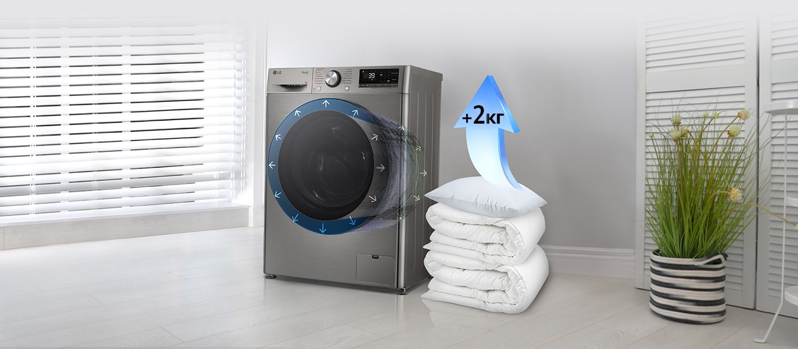 Зображено пральну машину в інтерёєрі квартири та поруч з нею стос із ковдр та подушок і стрілка синього кольору, спрямована догори, на якій написано "+2 кг"