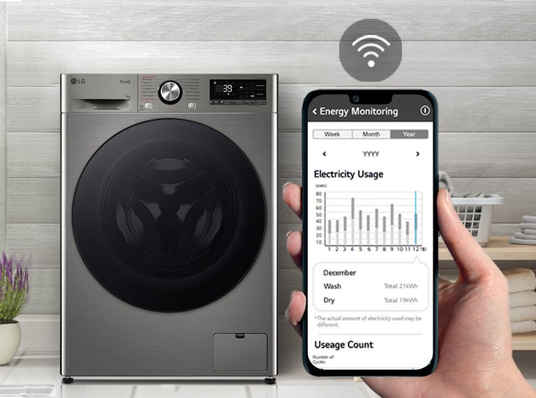 Пральна машина стоїть у пральні. Рука, яка тримає телефон, показує екран камері, а на екрані відображається інформація про технічне обслуговування та споживання енергії з символом WiFi над екраном.