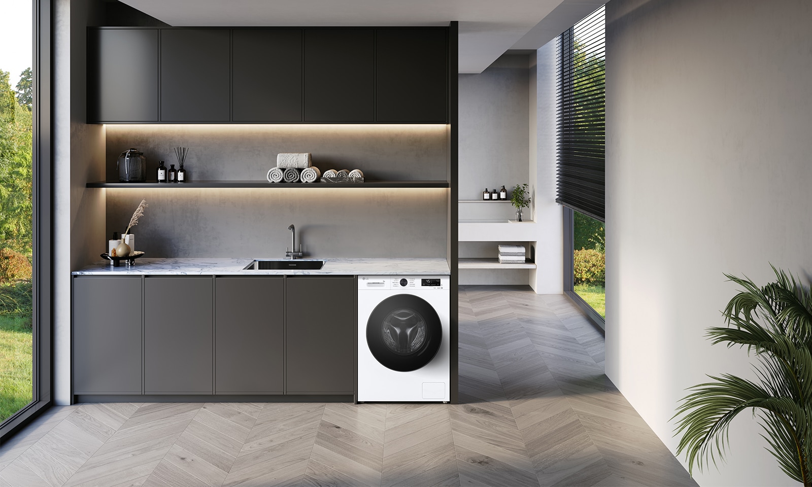 Зображено пральну машину посеред інтер'єру