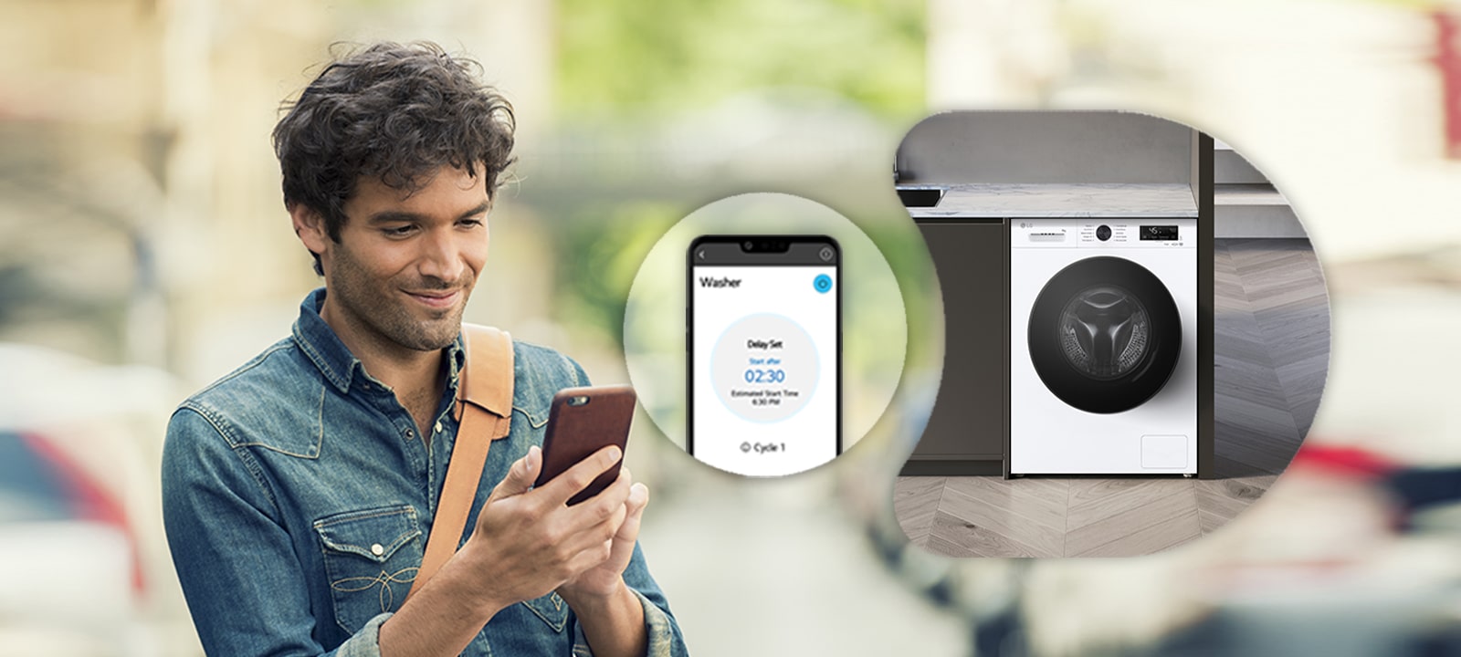 Чоловік, який дистанційно керує пральною машиною через додаток ThinQ