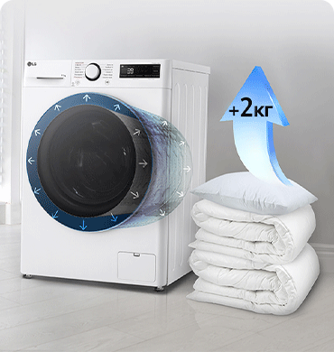 Зображено пральну машину в інтерёєрі квартири та поруч з нею стос із ковдр та подушок і стрілка синього кольору, спрямована догори, на якій написано 