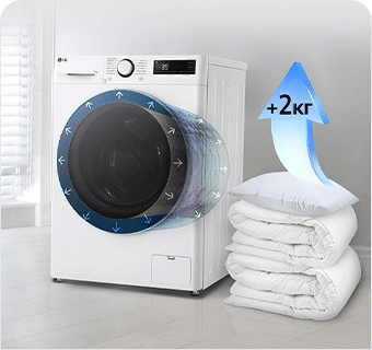 Зображено пральну машину в інтерёєрі квартири та поруч з нею стос із ковдр та подушок і стрілка синього кольору, спрямована догори, на якій написано 