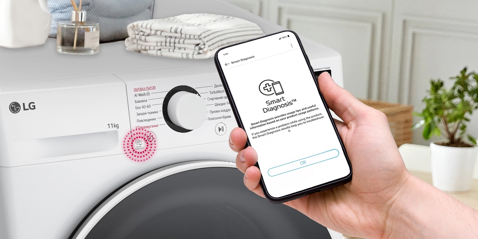"Поруч із пральною машиною розміщено табличку з рейтингом енергоефективності A та графік енергоспоживання. Позаду пральної машини з’являється зелена стрілка вгору."