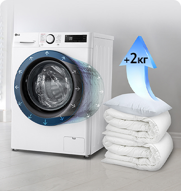 Зображено пральну машину в інтерёєрі квартири та поруч з нею стос із ковдр та подушок і стрілка синього кольору, спрямована догори, на якій написано 