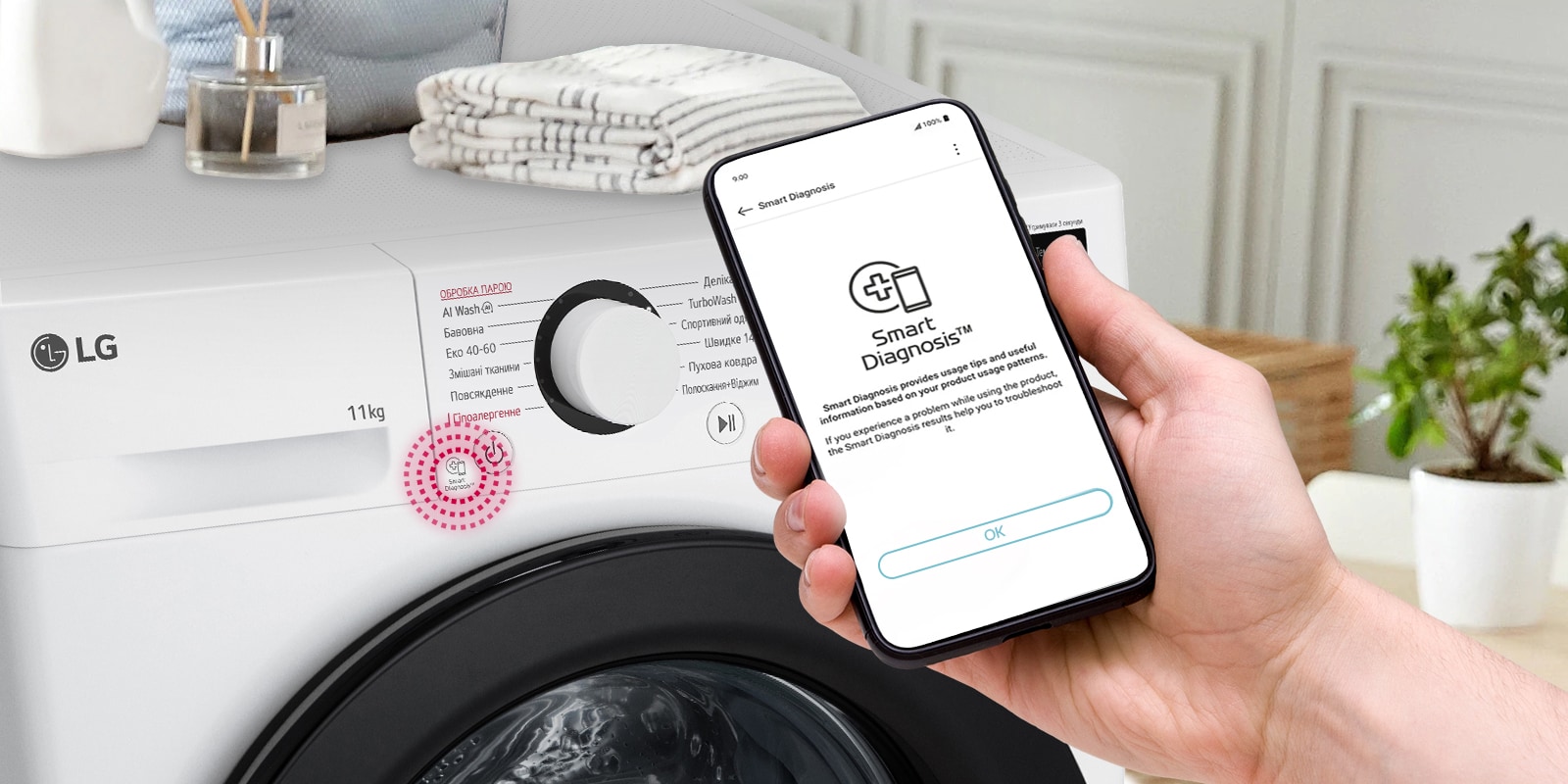 Поруч із пральною машиною розміщено табличку з рейтингом енергоефективності A та графік енергоспоживання. Позаду пральної машини з’являється зелена стрілка вгору.
