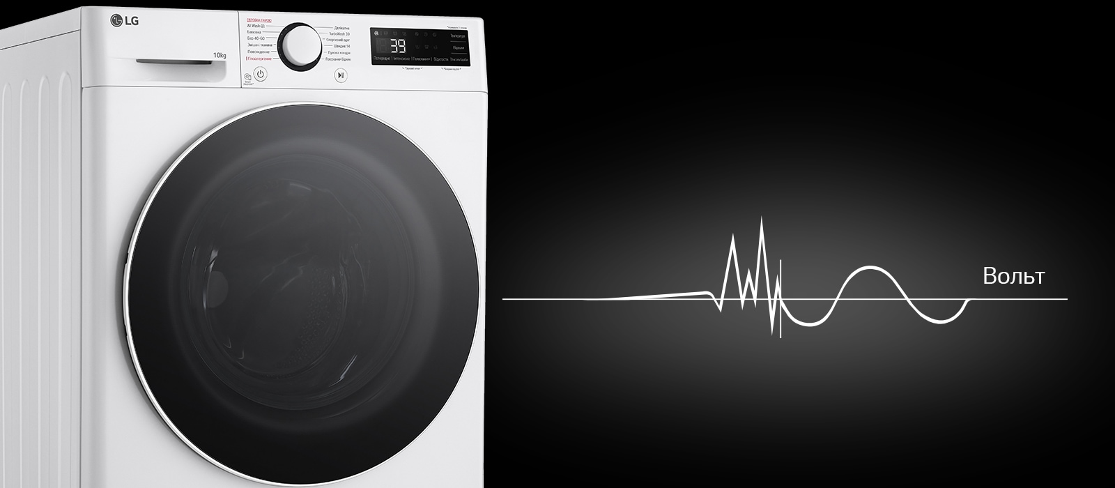 Зображено пральну машину ліворуч на темному фоні, від якої схематично йде синусоїда з позначенням рівня напруги праворуч.
