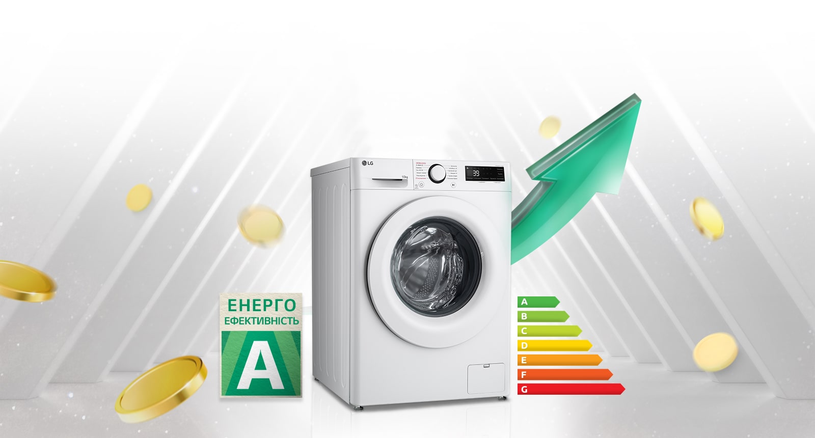 Поруч із пральною машиною розміщено табличку з рейтингом енергоефективності A та графік енергоспоживання. Позаду пральної машини з’являється зелена стрілка вгору.