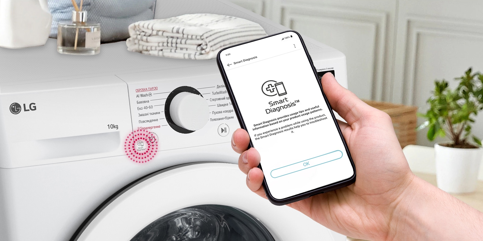 Поруч із пральною машиною розміщено табличку з рейтингом енергоефективності A та графік енергоспоживання. Позаду пральної машини з’являється зелена стрілка вгору.