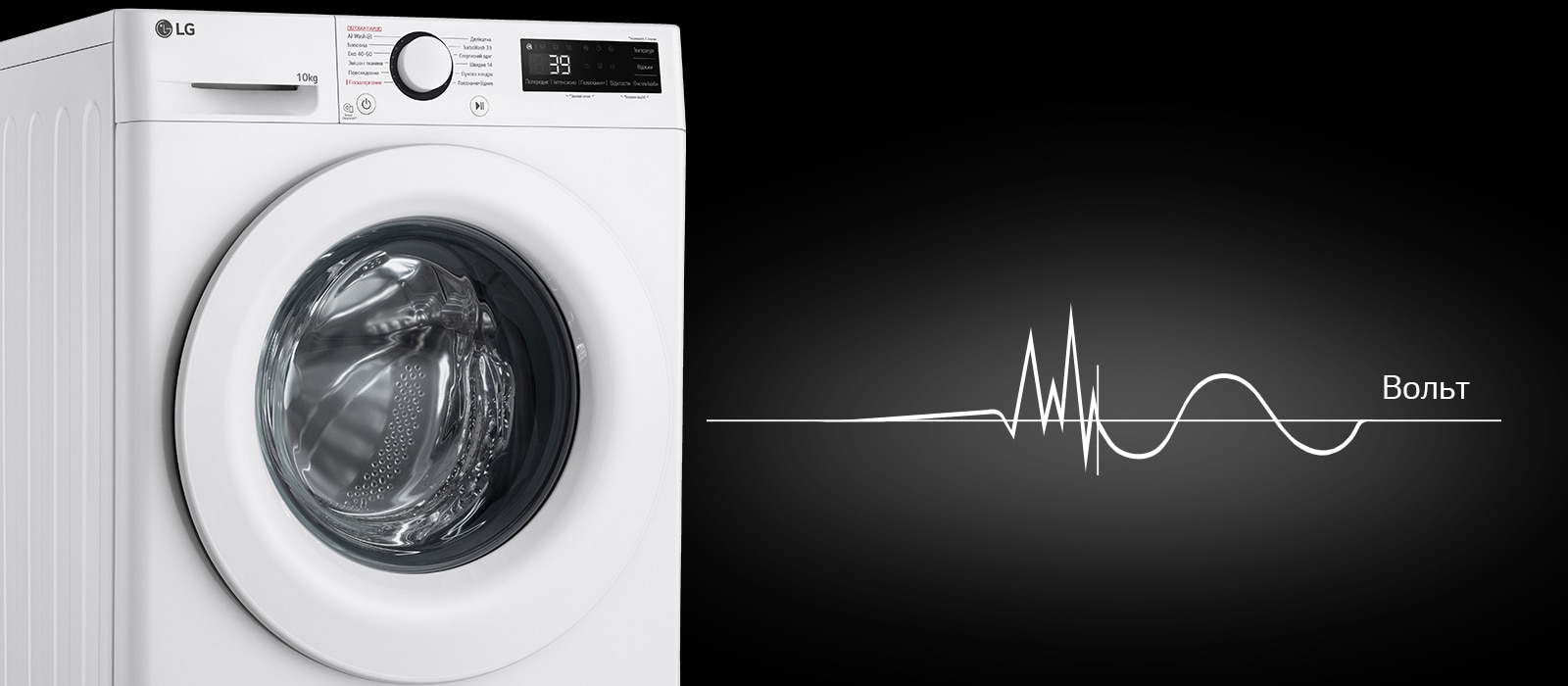 Зображено пральну машину ліворуч на темному фоні, від якої схематично йде синусоїда з позначенням рівня напруги праворуч.