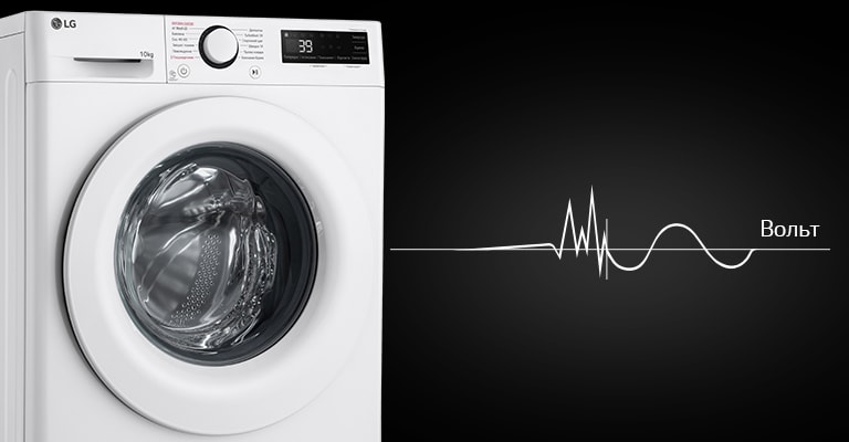 Зображено пральну машину ліворуч на темному фоні, від якої схематично йде синусоїда з позначенням рівня напруги праворуч.