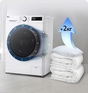 Зображено пральну машину в інтерёєрі квартири та поруч з нею стос із ковдр та подушок і стрілка синього кольору, спрямована догори, на якій написано 