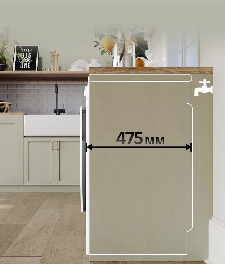 Зображення інтерёєру кухні з пральною машиною, що повернута боком. Схематичне зображення глибини пральної машини плавно зменшується до 475мм, а сама пральна машина майже повністю ховається за стінкою шафи.