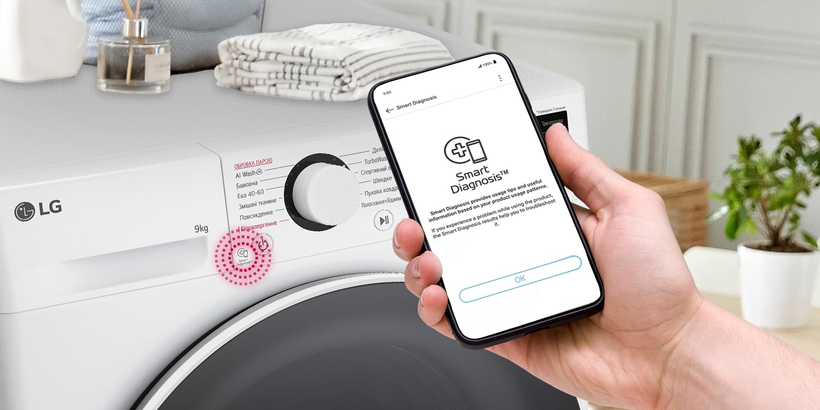 Поруч із пральною машиною розміщено табличку з рейтингом енергоефективності A та графік енергоспоживання. Позаду пральної машини з’являється зелена стрілка вгору.