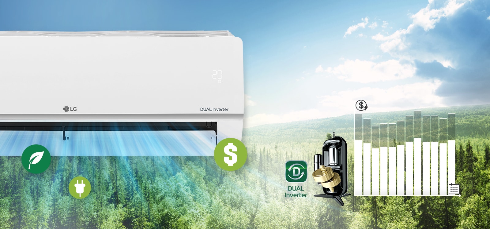 На задньому плані – лісовий пейзаж, збоку видно половину кондиціонера LG. Логотипи LG та DUAL Inverter можна побачити на пристрої, а панель якості повітря світиться зеленим кольором. Перед кондиціонером у повітрі, що видувається, є три значки, що позначають чисте повітря, гроші та енергію. Праворуч від машини є логотип DUAL Inverter  та зображення інверторного компресора. Далі праворуч — гістограма. Смужки піднімаються вгору, вказуючи на те, що витрачено більше грошей, а потім опускаються, показуючи, що подвійний інвертор економить гроші клієнтів.