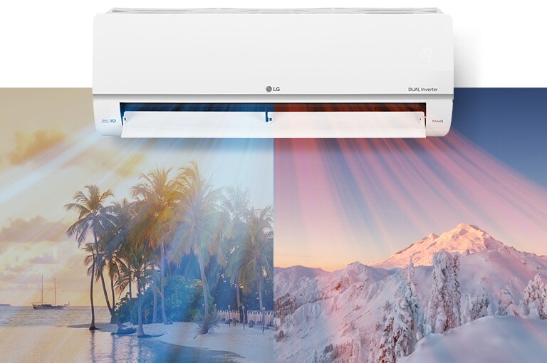 Угорі по центру зображення висить кондиціонер LG. Під ним розташовано два зображення: на одному зображено спекотний пляж, а на другому – засніжену гору. З кондиціонера виходить прохолодне блакитне повітря на пляжі та тепле червоне повітря на сніговій сцені.