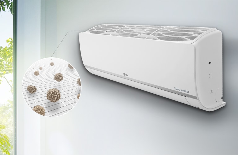 Вигляд збоку на кондиціонер LG, розміщений на стіні. Лінія від фільтра попереднього очищення, розміщеного зверху, веде до збільшеного кола, що показує пил, який вловив цей фільтр.