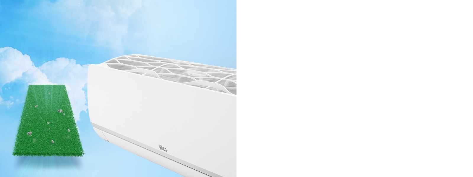Вигляд на половину кондиціонера LG збоку на фоні синього неба з хмарками. Ліворуч від кондиціонера зображено антиалергенний фільтр, який вловлює частинки бруду.