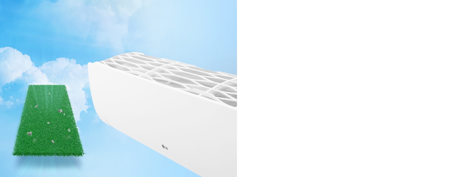 Вигляд на половину кондиціонера LG збоку на фоні синього неба з хмарками. Ліворуч від кондиціонера зображено антиалергенний фільтр, який вловлює частинки бруду.