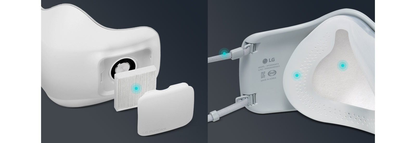 На першому зображенні видно зовнішній вигляд маски для обличчя з відкритим фільтром та ковпачком. Синя крапка на фільтрі вказує на те, що він одноразовий і може бути замінений. На другому зображенні видно інтер’єр маски та нанесені блакитні крапки на обличчі, вушні ремінці маски вказують на те, що їх можна мити.