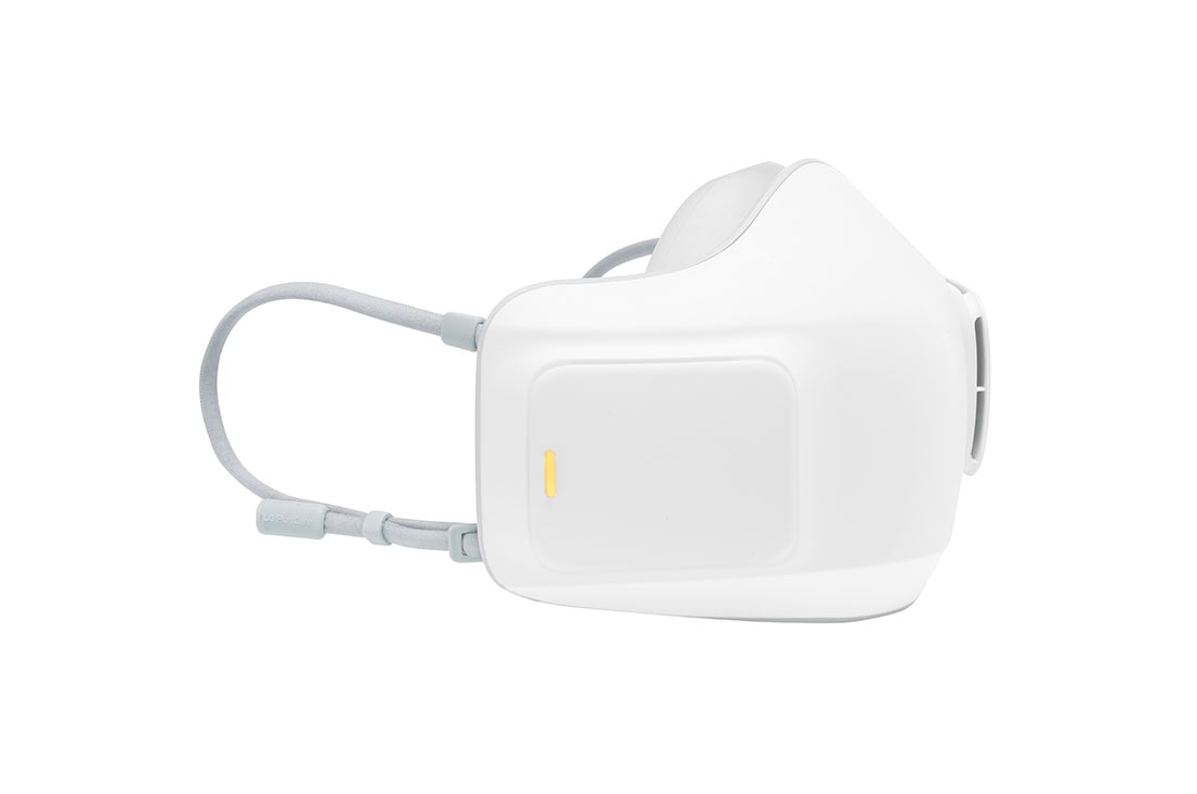 LG Очисник повітря індивідуального використання LG PuriCare™ AP300AWFA зі змінними фільтрами HEPA H13, Вид з лівого боку  на 45 градусів на корпус з помаранчевим світлом, що вказує на низький рівень заряду акумулятора, AP300AWFA, thumbnail 5