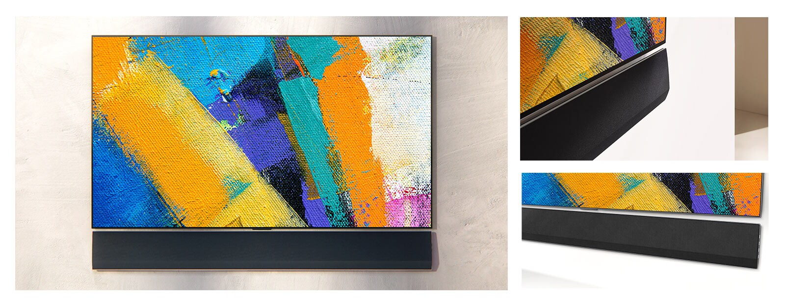 Настінний саундбар LG і телевізор LG показано під трьома кутами. Різні кольори відображаються на екрані телевізора.
