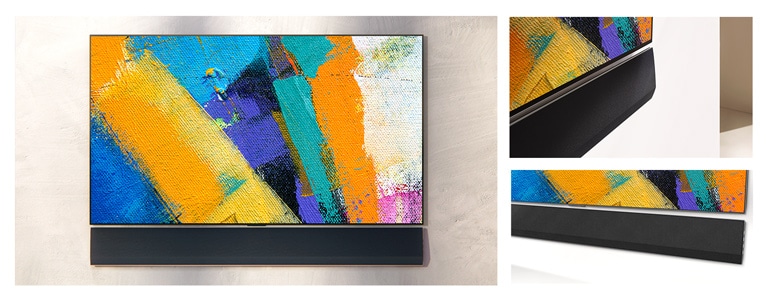 Настінний саундбар LG і телевізор LG показано під трьома кутами. Різні кольори відображаються на екрані телевізора.