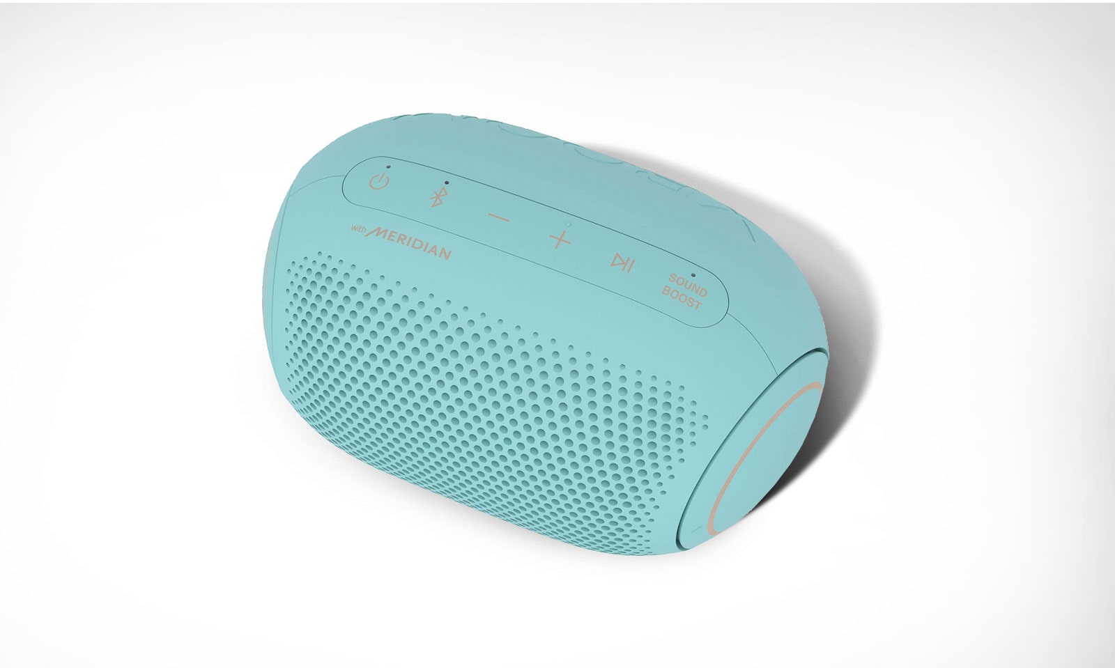 On a white background, there is a diagonal top-down view of the front of LG XBOOM Go.