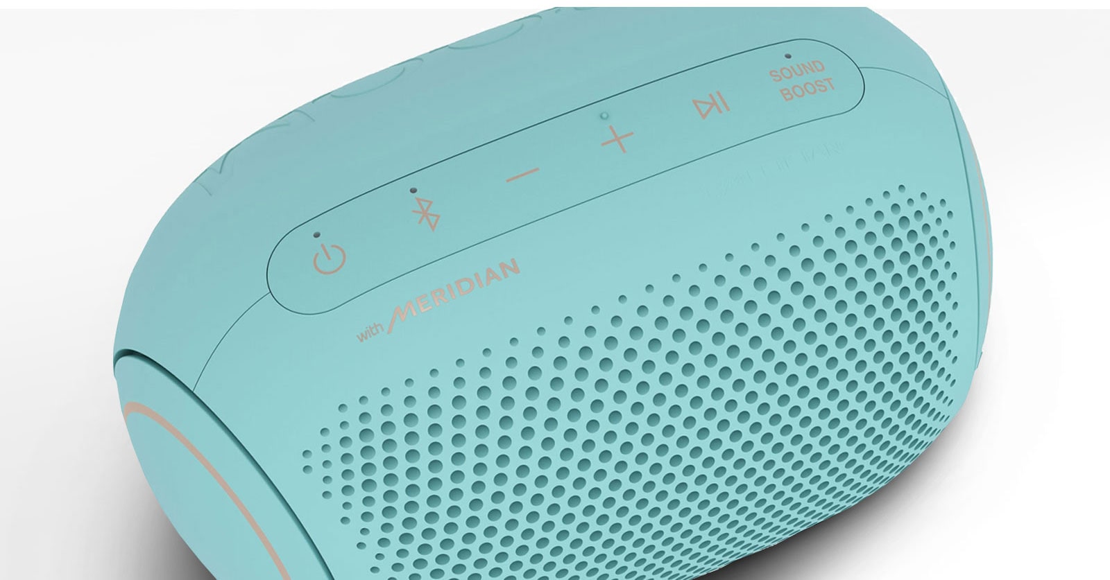 On a white background, There is a close-up of LG XBOOM Go's Meridian logo with magenta lighting. 