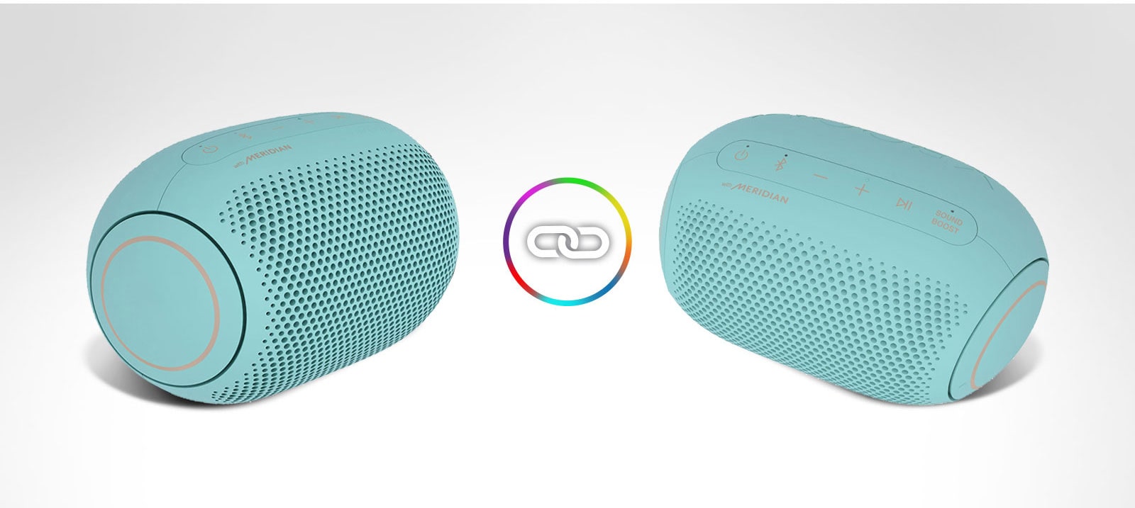 Two LG XBOOM Gos are placed on a white background and there is a ring icon in between.