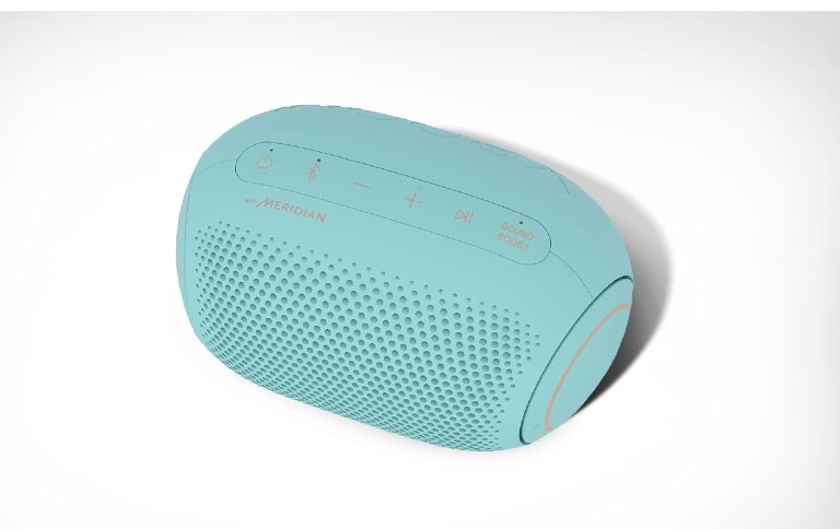 On a white background, there is a diagonal top-down view of the front of LG XBOOM Go.