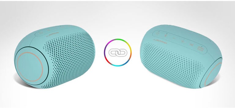 Two LG XBOOM Gos are placed on a white background and there is a ring icon in between.