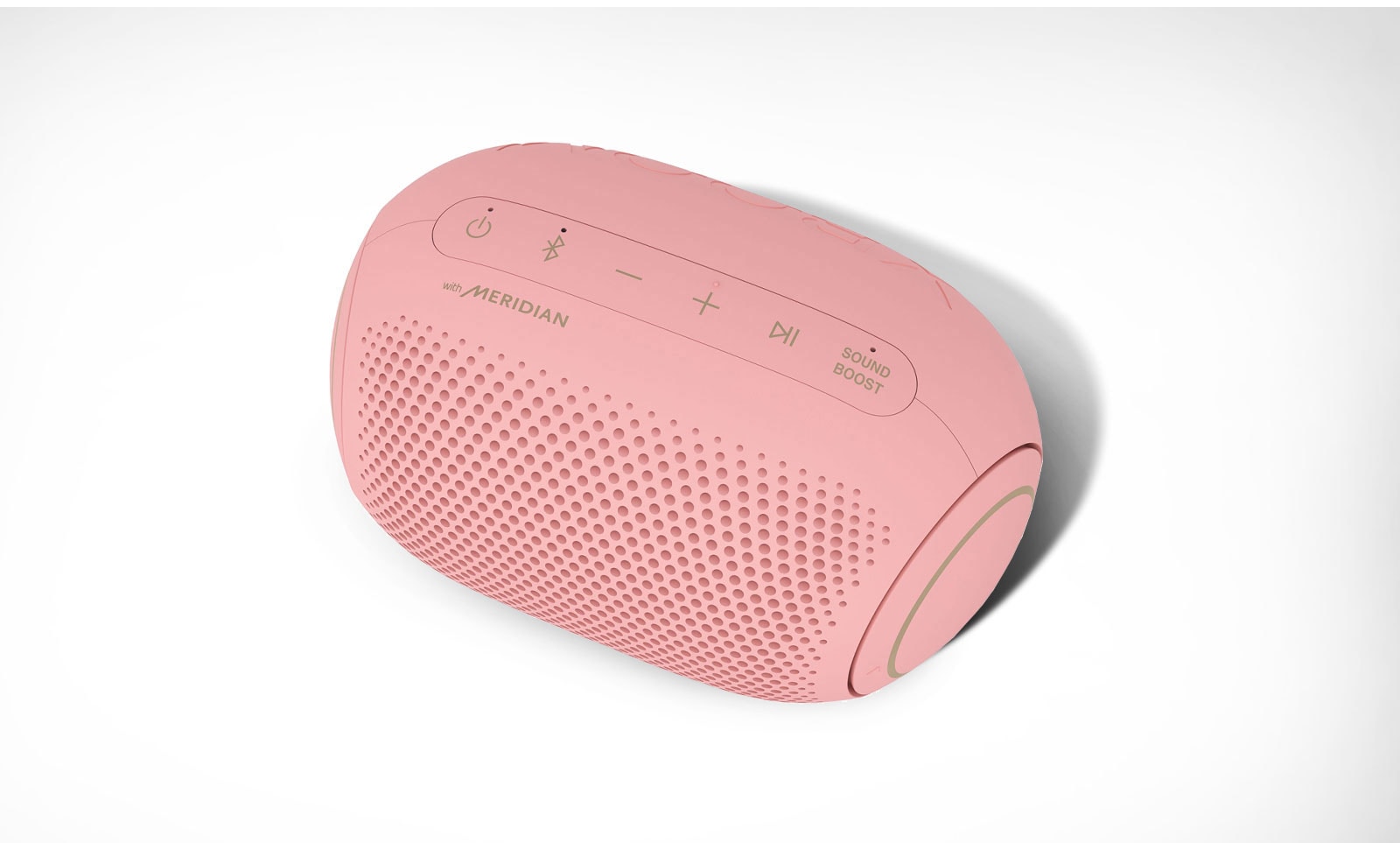 On a white background, there is a diagonal top-down view of the front of LG XBOOM Go.