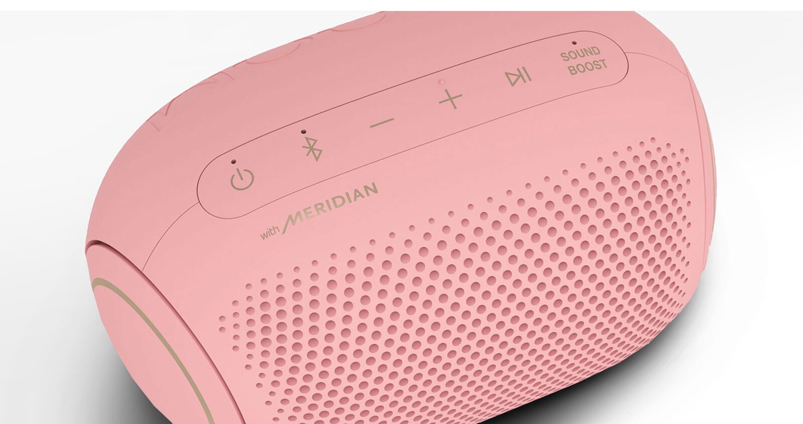 On a white background, There is a close-up of LG XBOOM Go's Meridian logo with magenta lighting. 