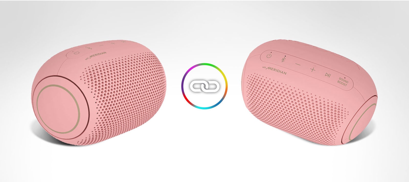 Two LG XBOOM Gos are placed on a white background and there is a ring icon in between.