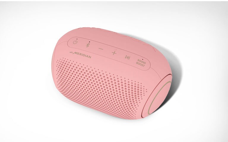 On a white background, there is a diagonal top-down view of the front of LG XBOOM Go.