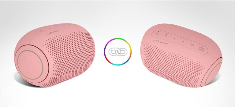 Two LG XBOOM Gos are placed on a white background and there is a ring icon in between.