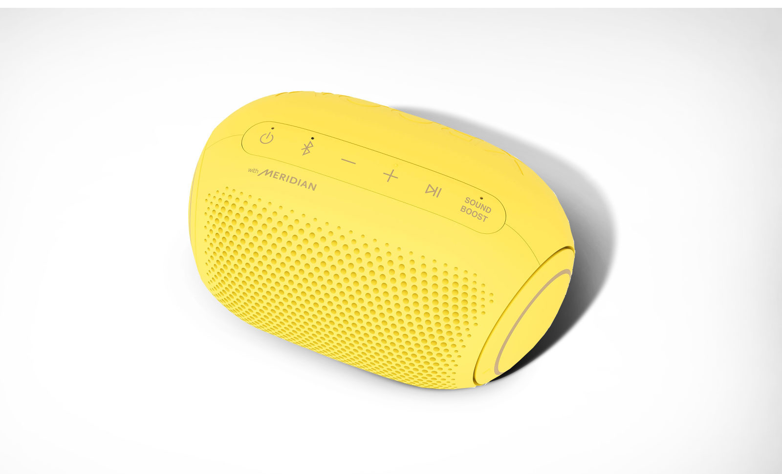 On a white background, there is a diagonal top-down view of the front of LG XBOOM Go.