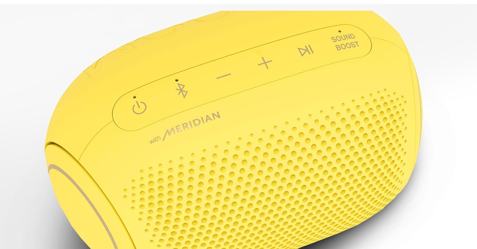 On a white background, There is a close-up of LG XBOOM Go's Meridian logo with magenta lighting. 