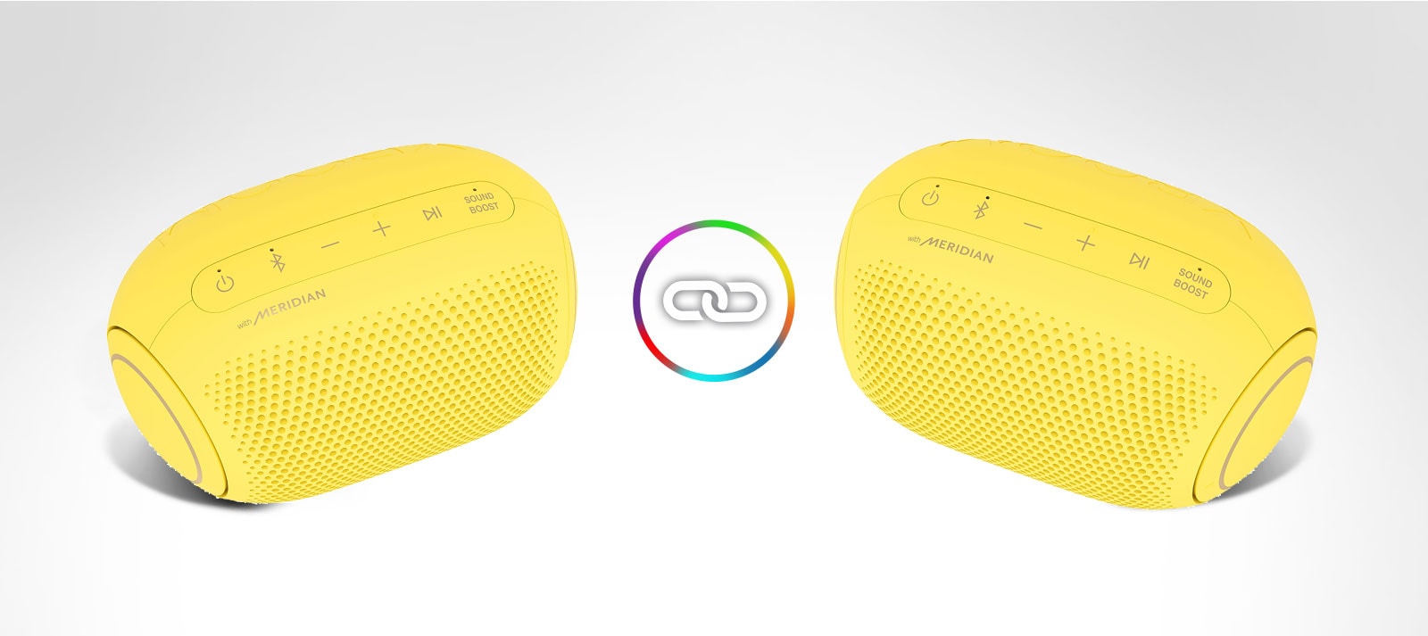 Two LG XBOOM Gos are placed on a white background and there is a ring icon in between.