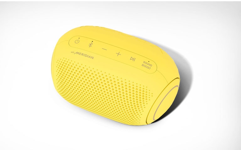 On a white background, there is a diagonal top-down view of the front of LG XBOOM Go.