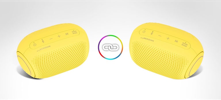 Two LG XBOOM Gos are placed on a white background and there is a ring icon in between.