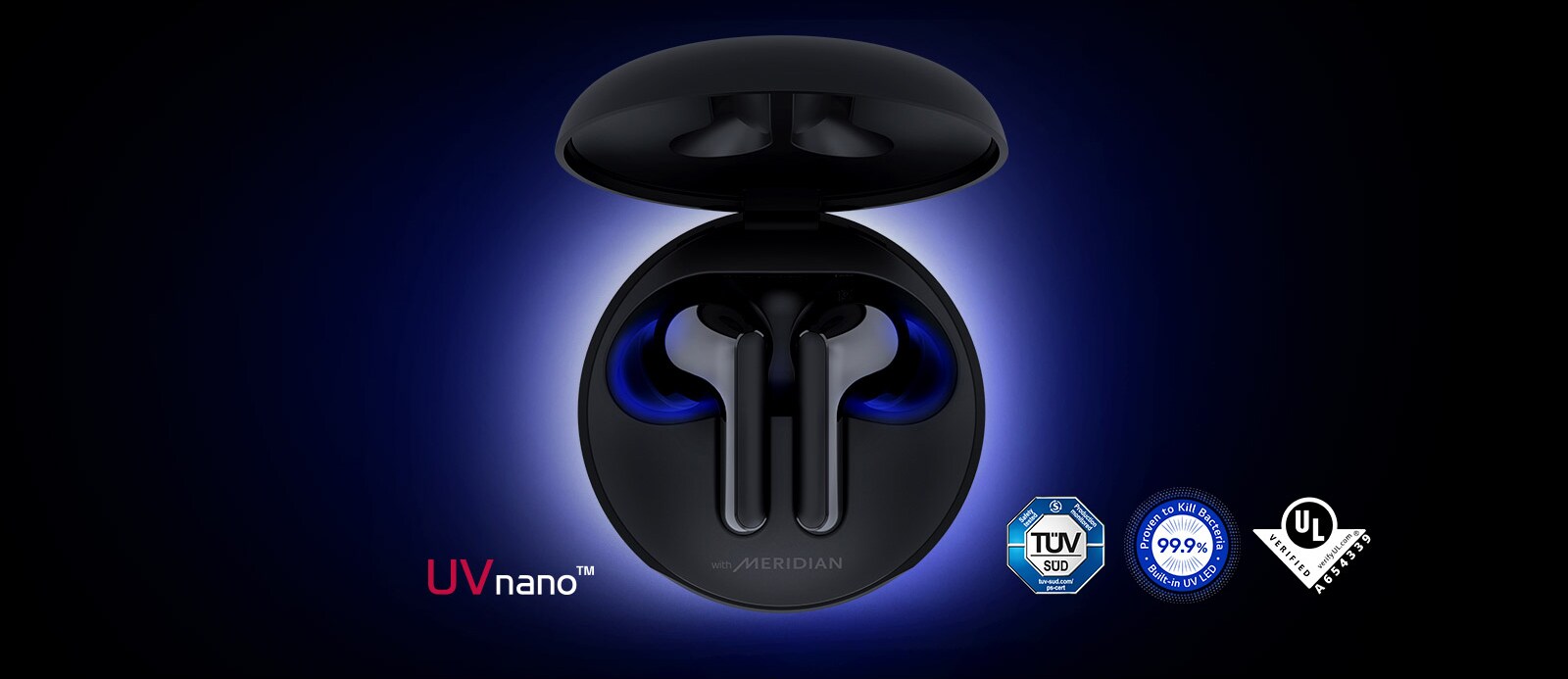 Зображення кейса навушників, що сиділи всередині неї, і синім світлом, що світило, щоб виділити особливість Uvnano