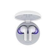 LG TONE Free FN6, A top view of a cradle opened up and two earbuds inside it with UV lighting on, HBS-FN6, thumbnail 1