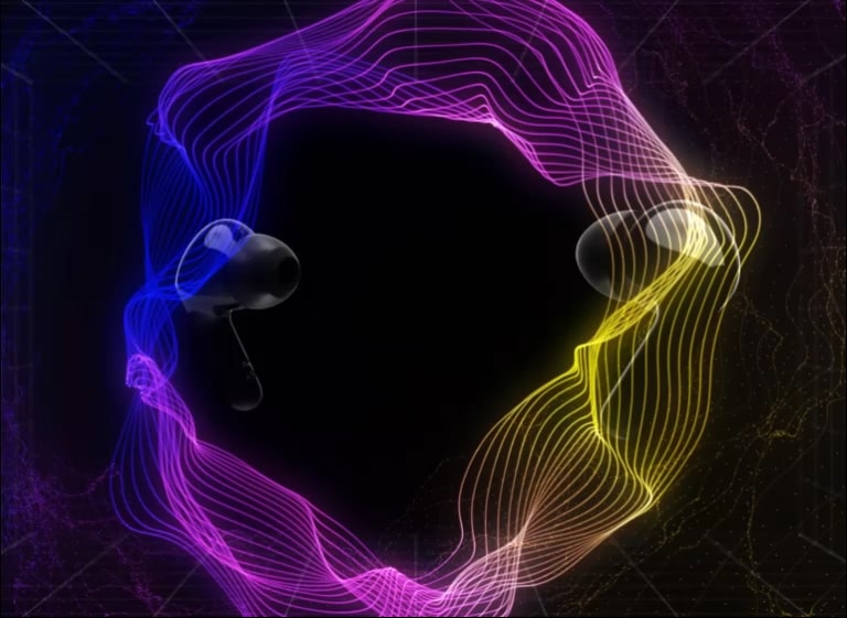 Зображення двох навушників, що пливуть у віртуальному просторі з яскравим підсвічуванням навколо.