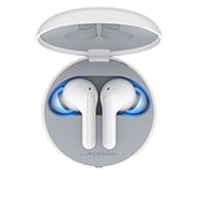 LG TONE Free FN7, Відкритий зарядний кейс з увімкненим атмосферним підсвічуванням і логотипами сертифікації UVnano, вид зверху, HBS-FN7, thumbnail 2